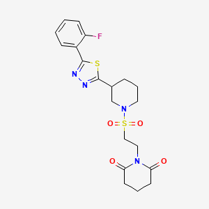 molecular formula C20H23FN4O4S2 B2817665 1-(2-((3-(5-(2-Fluorophenyl)-1,3,4-thiadiazol-2-yl)piperidin-1-yl)sulfonyl)ethyl)piperidine-2,6-dione CAS No. 1170432-31-1