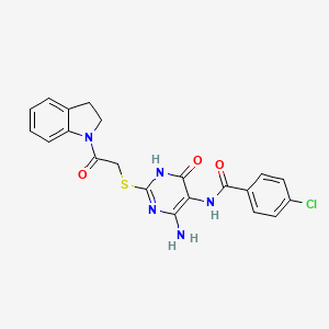 molecular formula C21H18ClN5O3S B2817731 N-(4-amino-2-((2-(indolin-1-yl)-2-oxoethyl)thio)-6-oxo-1,6-dihydropyrimidin-5-yl)-4-chlorobenzamide CAS No. 872597-61-0