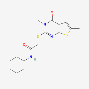 molecular formula C16H21N3O2S2 B2817776 N-环己基-2-(3,6-二甲基-4-氧代噻吩[2,3-d]嘧啶-2-基)硫代乙酰胺 CAS No. 878696-18-5
