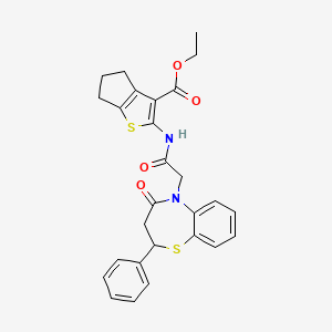 molecular formula C27H26N2O4S2 B2817814 ethyl 2-(2-(4-oxo-2-phenyl-3,4-dihydrobenzo[b][1,4]thiazepin-5(2H)-yl)acetamido)-5,6-dihydro-4H-cyclopenta[b]thiophene-3-carboxylate CAS No. 847486-37-7