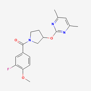 molecular formula C18H20FN3O3 B2817821 (3-((4,6-二甲基嘧啶-2-基)氧基)吡咯啉-1-基)(3-氟-4-甲氧基苯基)甲酮 CAS No. 2034295-31-1