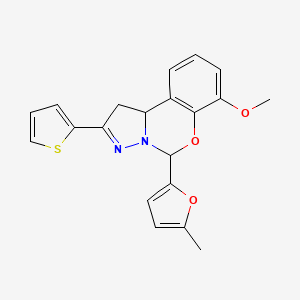 molecular formula C20H18N2O3S B2817867 7-methoxy-5-(5-methylfuran-2-yl)-2-(thiophen-2-yl)-5,10b-dihydro-1H-benzo[e]pyrazolo[1,5-c][1,3]oxazine CAS No. 942002-23-5