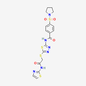 molecular formula C18H18N6O4S4 B2817999 N-(5-((2-氧代-2-(噻唑-2-基氨基)乙基)硫代)-1,3,4-噻二唑-2-基)-4-(吡咯啉-1-基磺酰基)苯甲酰胺 CAS No. 392299-87-5