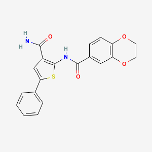 molecular formula C20H16N2O4S B2818001 N-(3-carbamoyl-5-phenylthiophen-2-yl)-2,3-dihydrobenzo[b][1,4]dioxine-6-carboxamide CAS No. 941993-97-1