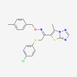 molecular formula C21H19ClN4OS2 B2818040 (E)-{2-[(4-chlorophenyl)sulfanyl]-1-{6-methyl-[1,2,4]triazolo[3,2-b][1,3]thiazol-5-yl}ethylidene}[(4-methylphenyl)methoxy]amine CAS No. 866131-18-2