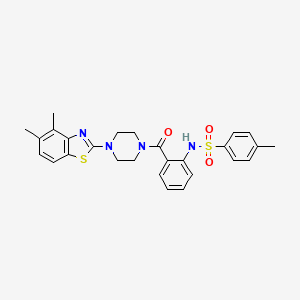 molecular formula C27H28N4O3S2 B2818053 N-(2-(4-(4,5-dimethylbenzo[d]thiazol-2-yl)piperazine-1-carbonyl)phenyl)-4-methylbenzenesulfonamide CAS No. 922583-46-8