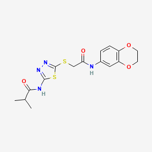 molecular formula C16H18N4O4S2 B2818124 N-[5-[2-(2,3-dihydro-1,4-benzodioxin-6-ylamino)-2-oxoethyl]sulfanyl-1,3,4-thiadiazol-2-yl]-2-methylpropanamide CAS No. 868972-74-1