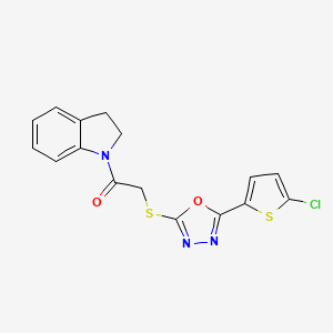 molecular formula C16H12ClN3O2S2 B2818186 2-((5-(5-Chlorothiophen-2-yl)-1,3,4-oxadiazol-2-yl)thio)-1-(indolin-1-yl)ethanone CAS No. 850937-43-8