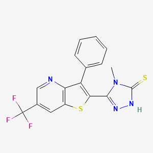 molecular formula C17H11F3N4S2 B2818193 4-methyl-5-[3-phenyl-6-(trifluoromethyl)thieno[3,2-b]pyridin-2-yl]-4H-1,2,4-triazole-3-thiol CAS No. 478048-39-4