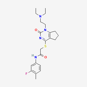 molecular formula C22H29FN4O2S B2818218 2-((1-(2-(二乙胺)乙基)-2-氧代-2,5,6,7-四氢-1H-环戊二嘧啶-4-基)硫代)-N-(3-氟-4-甲基苯基)乙酰胺 CAS No. 898459-78-4