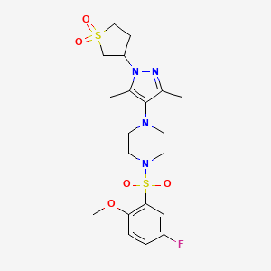 molecular formula C20H27FN4O5S2 B2818219 3-(4-(4-((5-fluoro-2-methoxyphenyl)sulfonyl)piperazin-1-yl)-3,5-dimethyl-1H-pyrazol-1-yl)tetrahydrothiophene 1,1-dioxide CAS No. 1351649-01-8