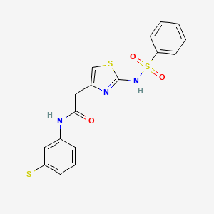 molecular formula C18H17N3O3S3 B2818229 2-(2-苯磺酰氨基-1,3-噻唑-4-基)-N-[3-(甲硫基)苯基]乙酰胺 CAS No. 921910-70-5