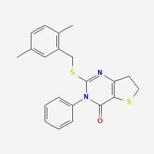 molecular formula C21H20N2OS2 B2818277 2-[(2,5-Dimethylphenyl)methylsulfanyl]-3-phenyl-6,7-dihydrothieno[3,2-d]pyrimidin-4-one CAS No. 686770-90-1