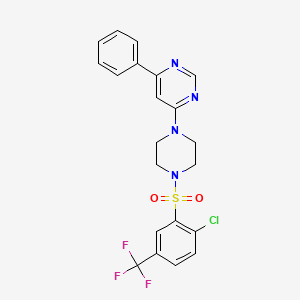 molecular formula C21H18ClF3N4O2S B2818325 4-(4-((2-Chloro-5-(trifluoromethyl)phenyl)sulfonyl)piperazin-1-yl)-6-phenylpyrimidine CAS No. 1351634-43-9