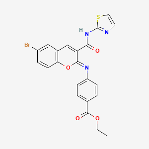 molecular formula C22H16BrN3O4S B2818330 ethyl 4-{[(2Z)-6-bromo-3-(1,3-thiazol-2-ylcarbamoyl)-2H-chromen-2-ylidene]amino}benzoate CAS No. 1327172-94-0