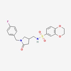 molecular formula C20H21FN2O5S B2818352 N-((1-(4-fluorobenzyl)-5-oxopyrrolidin-3-yl)methyl)-2,3-dihydrobenzo[b][1,4]dioxine-6-sulfonamide CAS No. 955235-51-5
