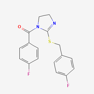 molecular formula C17H14F2N2OS B2818427 (2-((4-fluorobenzyl)thio)-4,5-dihydro-1H-imidazol-1-yl)(4-fluorophenyl)methanone CAS No. 851865-79-7