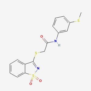molecular formula C16H14N2O3S3 B2818431 2-((1,1-dioxidobenzo[d]isothiazol-3-yl)thio)-N-(3-(methylthio)phenyl)acetamide CAS No. 904439-01-6