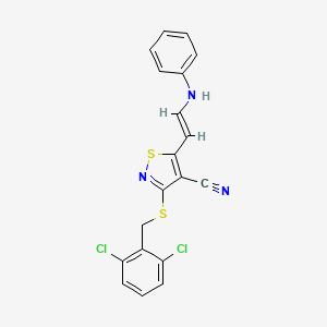 molecular formula C19H13Cl2N3S2 B2818446 5-(2-Anilinovinyl)-3-[(2,6-dichlorobenzyl)sulfanyl]-4-isothiazolecarbonitrile CAS No. 338778-53-3