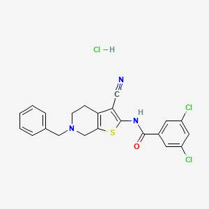 molecular formula C22H18Cl3N3OS B2818509 N-(6-苄基-3-氰-4,5,6,7-四氢噻吩[2,3-c]吡啶-2-基)-3,5-二氯苯甲酰胺盐酸盐 CAS No. 1216425-69-2