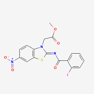 molecular formula C17H12IN3O5S B2818569 (Z)-甲基-2-(2-((2-碘苯甲酰)亚胺)-6-硝基苯并噻唑-3(2H)-基)乙酸酯 CAS No. 865198-38-5