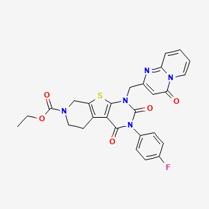 molecular formula C27H22FN5O5S B2818616 乙酸乙酯 3-(4-氟苯基)-2,4-二氧代-1-((4-氧代-4H-吡啶[1,2-a]嘧啶-2-基)甲基)-1,2,3,4,5,6-六氢吡啶[4',3':4,5]噻吩[2,3-d]嘧啶-7(8H)-羧酸酯 CAS No. 866344-38-9