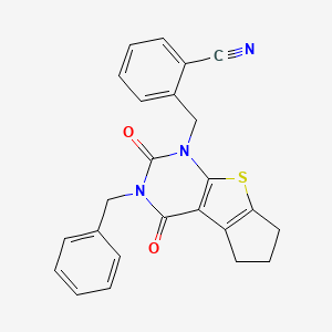 molecular formula C24H19N3O2S B2818625 2-[(3-benzyl-2,4-dioxo-3,4,6,7-tetrahydro-2H-cyclopenta[4,5]thieno[2,3-d]pyrimidin-1(5H)-yl)methyl]benzonitrile CAS No. 866016-06-0