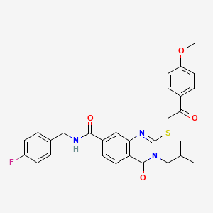 molecular formula C29H28FN3O4S B2818628 N-[(4-fluorophenyl)methyl]-2-{[2-(4-methoxyphenyl)-2-oxoethyl]sulfanyl}-3-(2-methylpropyl)-4-oxo-3,4-dihydroquinazoline-7-carboxamide CAS No. 1113131-48-8