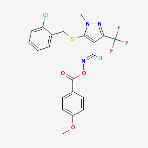 molecular formula C21H17ClF3N3O3S B2818658 N-{[5-[(2-chlorobenzyl)sulfanyl]-1-methyl-3-(trifluoromethyl)-1H-pyrazol-4-yl]methylene}-N-[(4-methoxybenzoyl)oxy]amine CAS No. 321553-41-7
