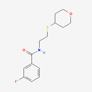 molecular formula C14H18FNO2S B2818668 3-fluoro-N-(2-((tetrahydro-2H-pyran-4-yl)thio)ethyl)benzamide CAS No. 2034447-27-1