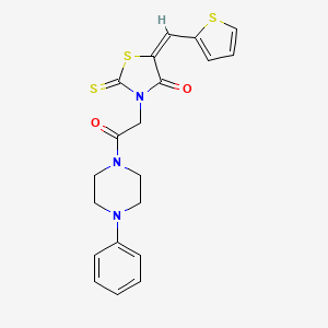 molecular formula C20H19N3O2S3 B2818777 (E)-3-(2-oxo-2-(4-phenylpiperazin-1-yl)ethyl)-5-(thiophen-2-ylmethylene)-2-thioxothiazolidin-4-one CAS No. 637317-88-5