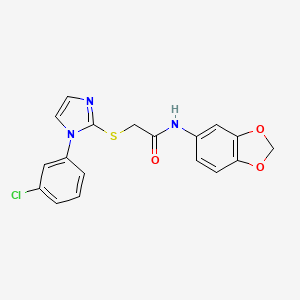 molecular formula C18H14ClN3O3S B2818834 N-(苯并[d][1,3]二噁杂环-5-基)-2-((1-(3-氯苯基)-1H-咪唑-2-基)硫)乙酰胺 CAS No. 851078-96-1