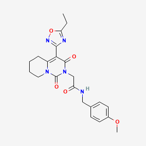 molecular formula C22H25N5O5 B2818840 2-[4-(5-ethyl-1,2,4-oxadiazol-3-yl)-1,3-dioxo-1H,2H,3H,5H,6H,7H,8H-pyrido[1,2-c]pyrimidin-2-yl]-N-[(4-methoxyphenyl)methyl]acetamide CAS No. 1775308-30-9