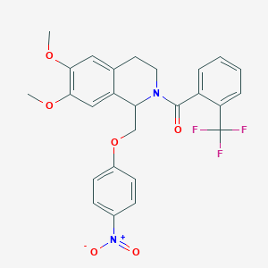 molecular formula C26H23F3N2O6 B2818862 (6,7-dimethoxy-1-((4-nitrophenoxy)methyl)-3,4-dihydroisoquinolin-2(1H)-yl)(2-(trifluoromethyl)phenyl)methanone CAS No. 449766-05-6