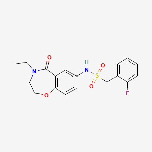 molecular formula C18H19FN2O4S B2818891 N-(4-ethyl-5-oxo-2,3,4,5-tetrahydrobenzo[f][1,4]oxazepin-7-yl)-1-(2-fluorophenyl)methanesulfonamide CAS No. 922062-74-6
