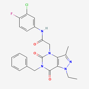 molecular formula C23H21ClFN5O3 B2818907 2-(6-benzyl-1-ethyl-3-methyl-5,7-dioxo-1,5,6,7-tetrahydro-4H-pyrazolo[4,3-d]pyrimidin-4-yl)-N-(3-chloro-4-fluorophenyl)acetamide CAS No. 1358328-73-0