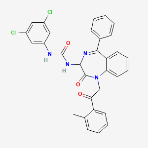 molecular formula C31H24Cl2N4O3 B2818926 N-(2,5-diaza-2-(2-(2-methylphenyl)-2-oxoethyl)-3-oxo-6-phenylbicyclo[5.4.0]undeca-1(7),5,8,10-tetraen-4-yl)((3,5-dichlorophenyl)amino)formamide CAS No. 1796893-62-3