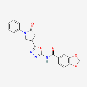 molecular formula C20H16N4O5 B2819139 N-(5-(5-oxo-1-phenylpyrrolidin-3-yl)-1,3,4-oxadiazol-2-yl)benzo[d][1,3]dioxole-5-carboxamide CAS No. 1286712-60-4