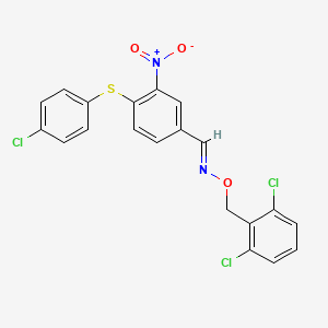 molecular formula C20H13Cl3N2O3S B2819316 4-[(4-chlorophenyl)sulfanyl]-3-nitrobenzenecarbaldehyde O-(2,6-dichlorobenzyl)oxime CAS No. 477851-93-7
