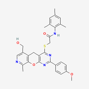 2-((6-(hydroxymethyl)-2-(4-methoxyphenyl)-9-methyl-5H-pyrido[4',3':5,6]pyrano[2,3-d]pyrimidin-4-yl)thio)-N-mesitylacetamide