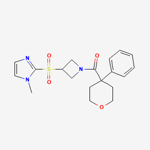 molecular formula C19H23N3O4S B2819432 (3-((1-methyl-1H-imidazol-2-yl)sulfonyl)azetidin-1-yl)(4-phenyltetrahydro-2H-pyran-4-yl)methanone CAS No. 2034358-07-9