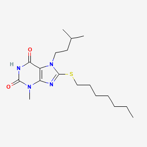 molecular formula C18H30N4O2S B2819505 8-Heptylsulfanyl-3-methyl-7-(3-methylbutyl)purine-2,6-dione CAS No. 370071-30-0