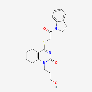 molecular formula C21H25N3O3S B2819506 1-(3-hydroxypropyl)-4-((2-(indolin-1-yl)-2-oxoethyl)thio)-5,6,7,8-tetrahydroquinazolin-2(1H)-one CAS No. 899743-34-1