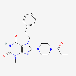 molecular formula C21H26N6O3 B2819539 3-methyl-7-(2-phenylethyl)-8-(4-propanoylpiperazin-1-yl)-2,3,6,7-tetrahydro-1H-purine-2,6-dione CAS No. 1363942-07-7