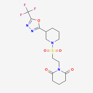 molecular formula C15H19F3N4O5S B2819588 1-(2-((3-(5-(Trifluoromethyl)-1,3,4-oxadiazol-2-yl)piperidin-1-yl)sulfonyl)ethyl)piperidine-2,6-dione CAS No. 1396707-06-4