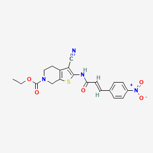 molecular formula C20H18N4O5S B2819592 (E)-乙酸 3-氰基-2-(3-(4-硝基苯基)丙烯酰胺基)-4,5-二氢噻吩[2,3-c]吡啶-6(7H)-羧酸酯 CAS No. 871015-32-6