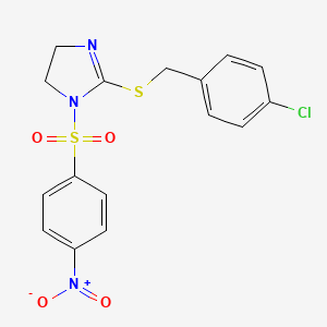 molecular formula C16H14ClN3O4S2 B2819905 2-[(4-Chlorophenyl)methylsulfanyl]-1-(4-nitrophenyl)sulfonyl-4,5-dihydroimidazole CAS No. 868217-36-1