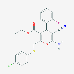 molecular formula C22H18ClFN2O3S B2819936 Ethyl 6-amino-2-[(4-chlorophenyl)sulfanylmethyl]-5-cyano-4-(2-fluorophenyl)-4H-pyran-3-carboxylate CAS No. 370574-36-0