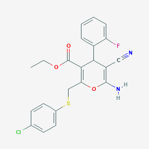 molecular formula C22H18ClFN2O3S B2819936 ethyl 6-amino-2-{[(4-chlorophenyl)sulfanyl]methyl}-5-cyano-4-(2-fluorophenyl)-4H-pyran-3-carboxylate CAS No. 370574-36-0