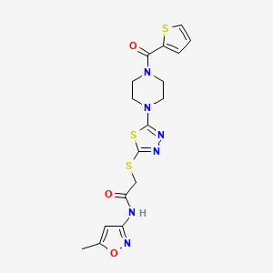 molecular formula C17H18N6O3S3 B2819960 N-(5-methylisoxazol-3-yl)-2-((5-(4-(thiophene-2-carbonyl)piperazin-1-yl)-1,3,4-thiadiazol-2-yl)thio)acetamide CAS No. 1171943-02-4